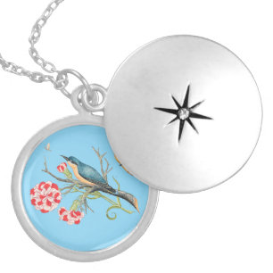 Bluebird on carnations, vintage illustration, locket necklace