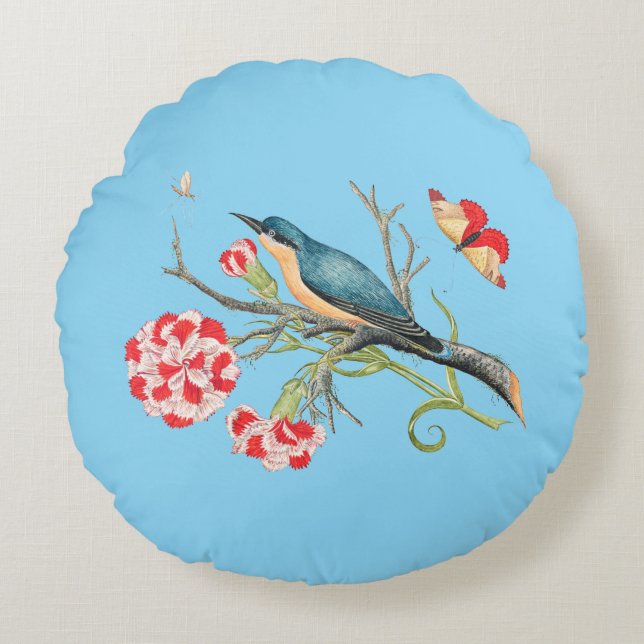 Bluebird on carnations, vintage illustration, round pillow (Front)