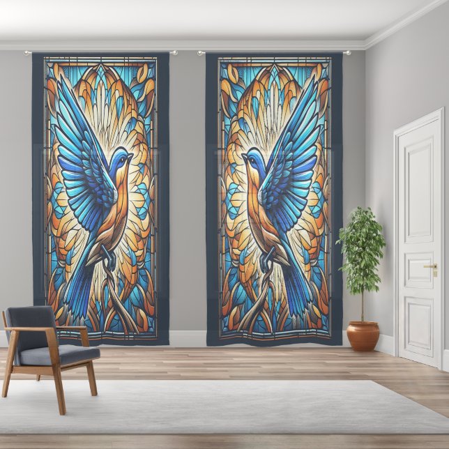 Bluebird on stained glass artistry sheer curtains (Wide)