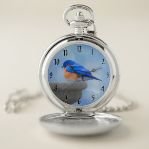 Bluebird Painting - Original Bird Art Pocket Watch