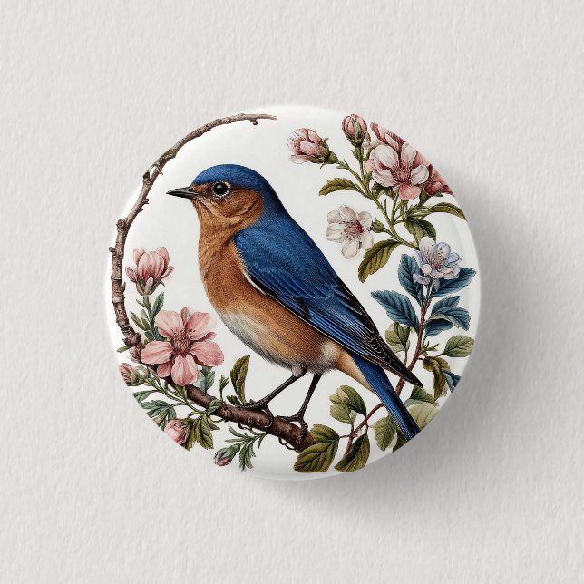 Bluebird Perched Among Blooming Flowers Button (Front)