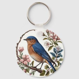 Bluebird Perched Among Blooming Flowers Keychain