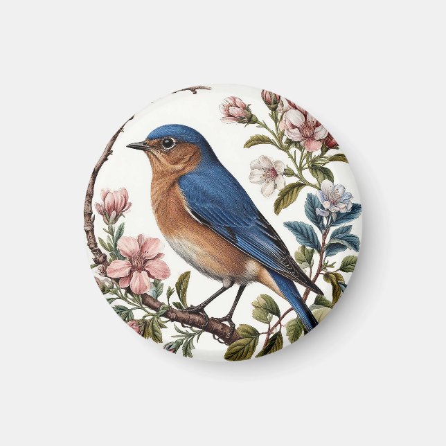 Bluebird Perched Among Blooming Flowers Magnet (Front)
