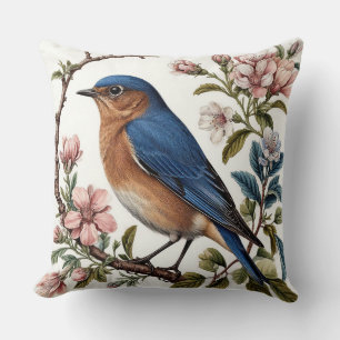 Bluebird Perched Among Blooming Flowers Throw Pillow