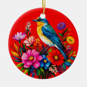 Bluebird Perched Among Colorful Spring Flowers Ceramic Ornament