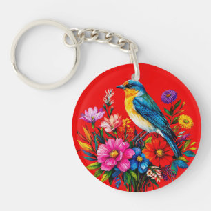 Bluebird Perched Among Colorful Spring Flowers Keychain