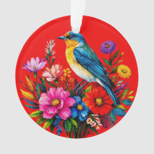Bluebird Perched Among Colorful Spring Flowers Ornament