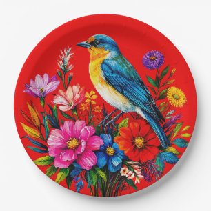 Bluebird Perched Among Colorful Spring Flowers Paper Plates