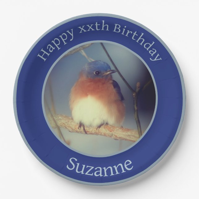 Bluebird Personalized Happy Birthday Paper Plates (Front)