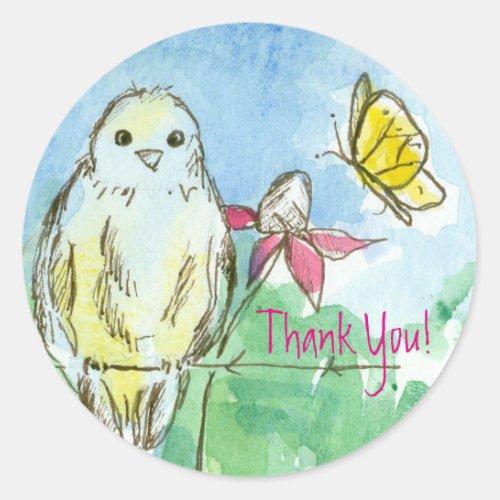 Bluebird Pink Coneflower Butterfly Thank You Classic Round Sticker