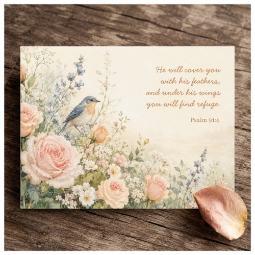 Bluebird &amp; Roses Psalm 91:4 Scripture Postcard