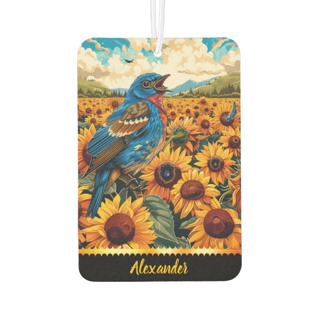 Bluebird singing among sunflowers at dawn air freshener (Back)