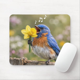 Bluebird Singing Into a Yellow Daffodil Mouse Pad