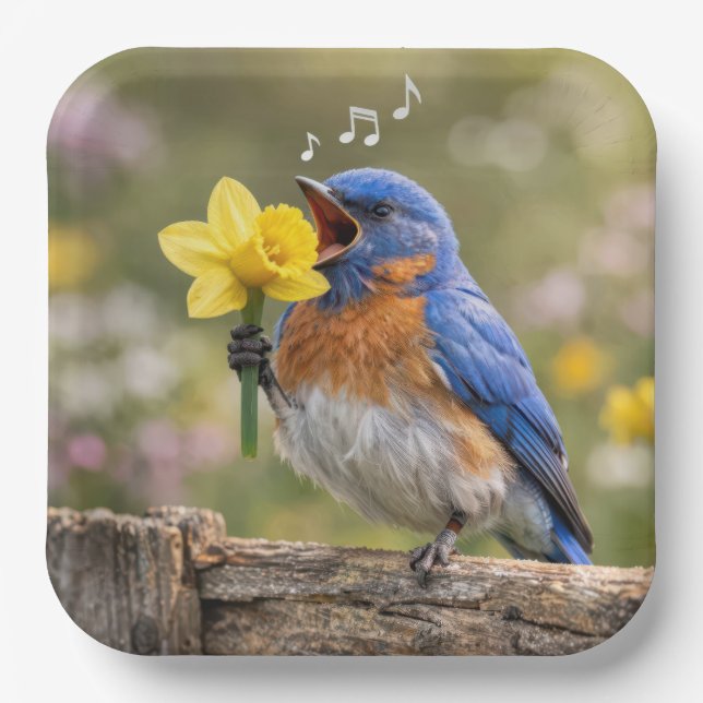 Bluebird Singing Into a Yellow Daffodil Paper Plates (Front)