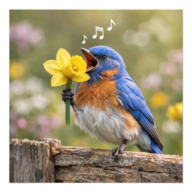 Bluebird Singing Into a Yellow Daffodil Photo Print (Front)