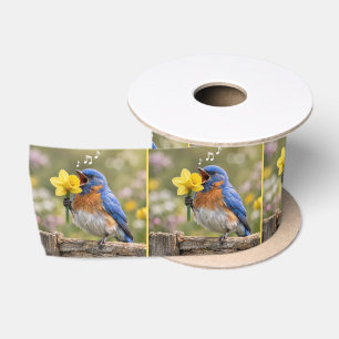 Bluebird Singing Into a Yellow Daffodil Satin Ribbon