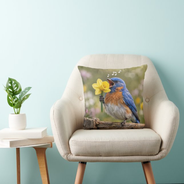 Bluebird Singing Into a Yellow Daffodil Throw Pillow (Chair)