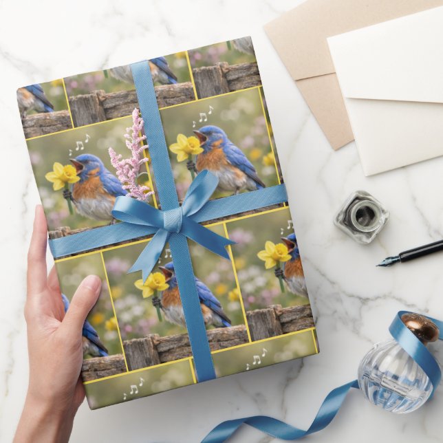 Bluebird Singing Into a Yellow Daffodil Wrapping Paper (Gifting)