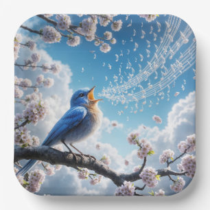 Bluebird Singing On a Cherry Tree Branch Paper Plates