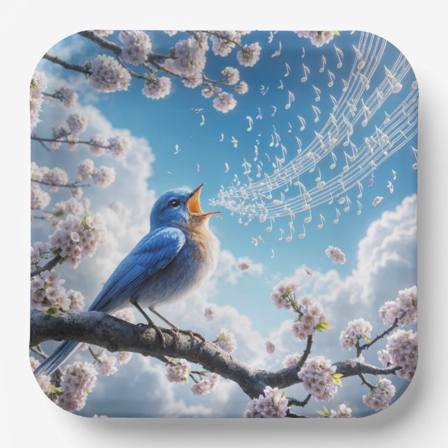 Bluebird Singing On a Cherry Tree Branch Paper Plates (Front)
