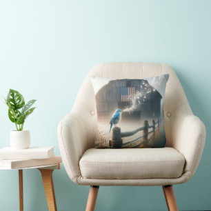 Bluebird Singing On a Country Fence Throw Pillow
