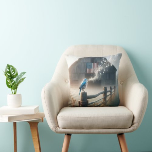 Bluebird Singing On a Country Fence Throw Pillow