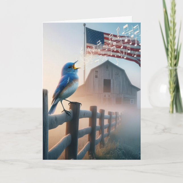 Bluebird Singing With American Flag Card (Front)