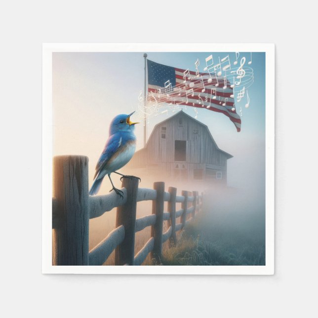 Bluebird Singing With American Flag Napkins (Front)