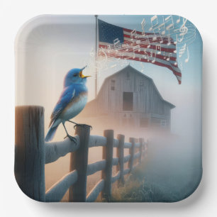 Bluebird Singing With American Flag Paper Plates