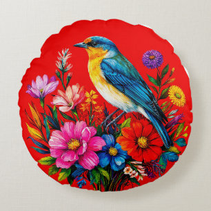 🕊️ Bluebird Spring Floral Garden Art Gift For Her Round Pillow
