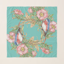Bluebird Teal Pink Beach Roses Watercolor Floral