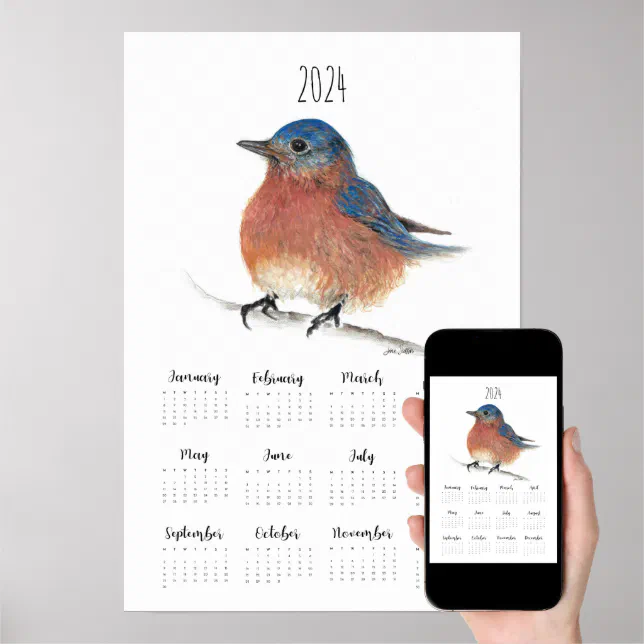 Bluebird Watercolor 2024 Calendar Art Poster Zazzle