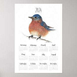 Bluebird Watercolor 2024 Calendar Art Poster