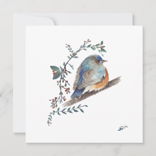Bluebird Watercolor Berries Greenery Art (Front)