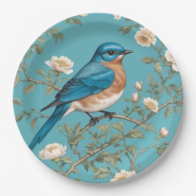 Bluebird William Morris Inspired Turquois  Paper Plates (Front)