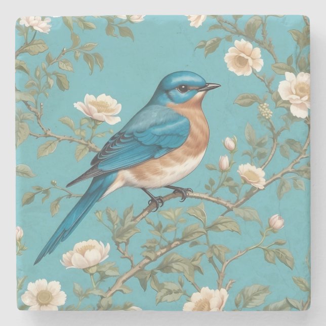 Bluebird William Morris Inspired Turquois  Stone Coaster (Front)
