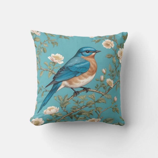 Bluebird William Morris Inspired Turquois  Throw Pillow (Front)