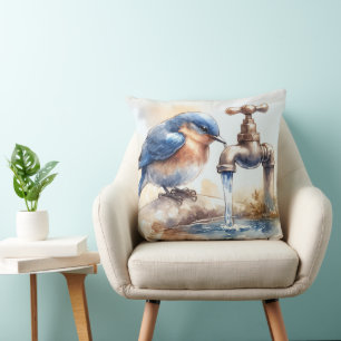 Bluebird With Flowing Water Out of a Faucet Throw Pillow