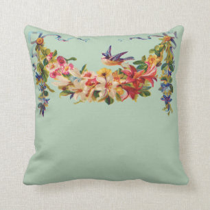 Bluebird with Garland of Flowers Throw Pillow