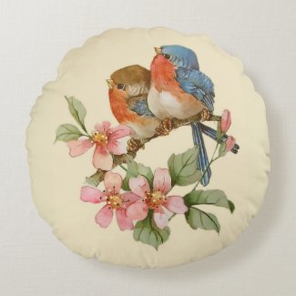 Bluebirds and Apple Blossoms Round Pillow