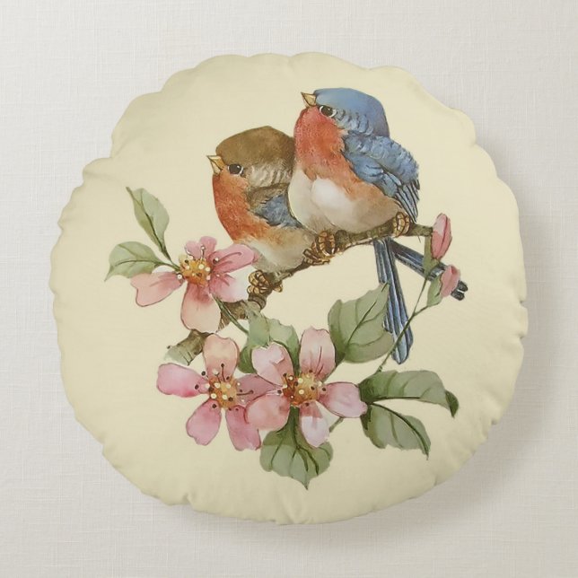 Bluebirds and Apple Blossoms Round Pillow (Front)