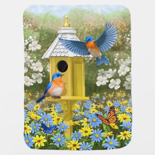 Bluebirds and Birdhouse Flower Garden Baby Blanket