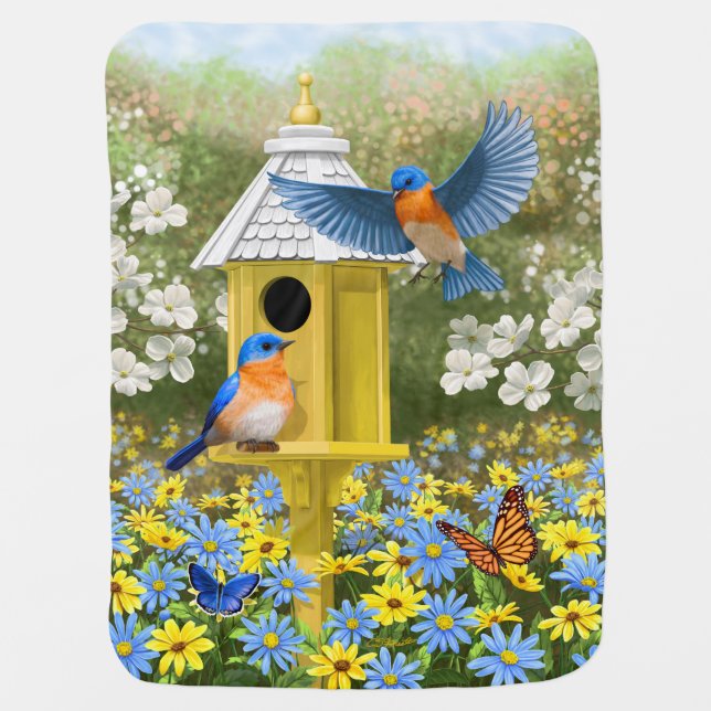 Bluebirds and Birdhouse Flower Garden Baby Blanket (Front)