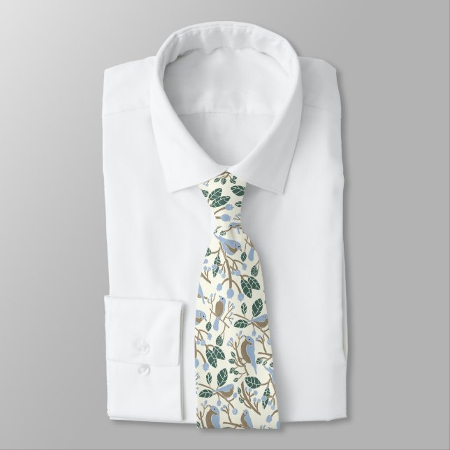 Bluebirds and Blueberries Light Blue, Brown, Cream Neck Tie (Tied)
