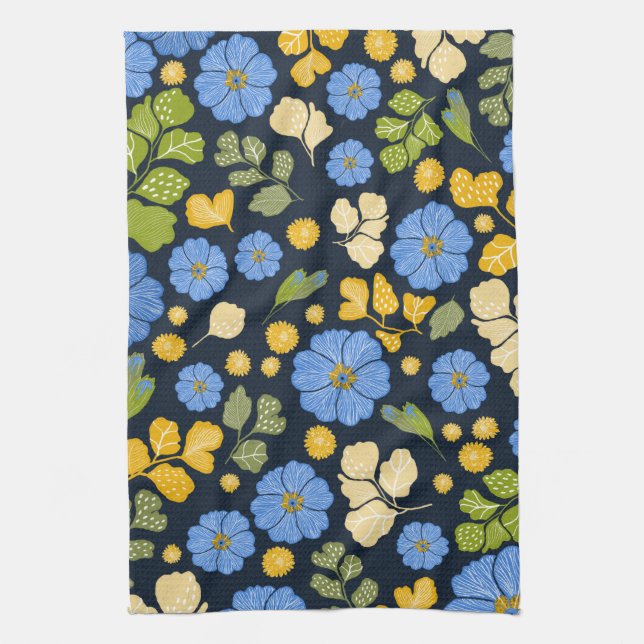 Bluebirds and flowers art kitchen towel (Vertical)