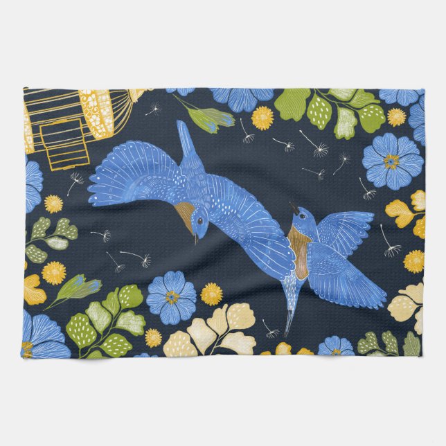 Bluebirds and flowers art kitchen towel (Horizontal)