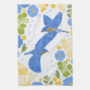Bluebirds and flowers kitchen towel
