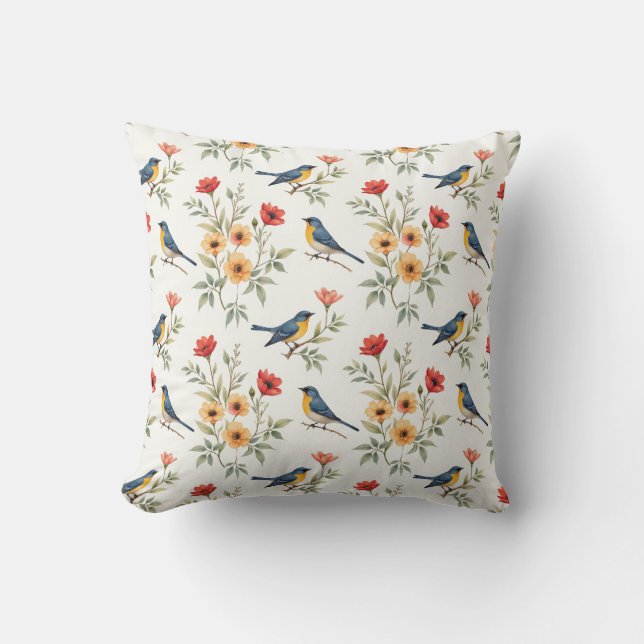 Bluebirds and Flowers Throw Pillow (Front)