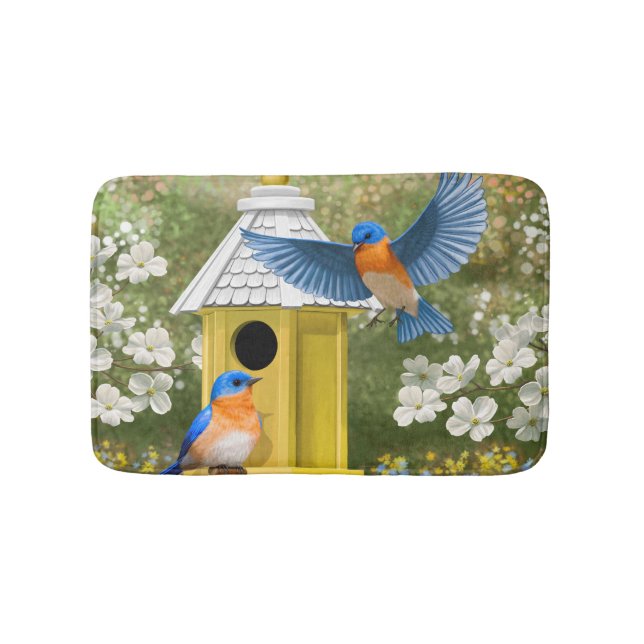 Bluebirds and Hexagon Birdhouse Blue Bath Mat (Front)