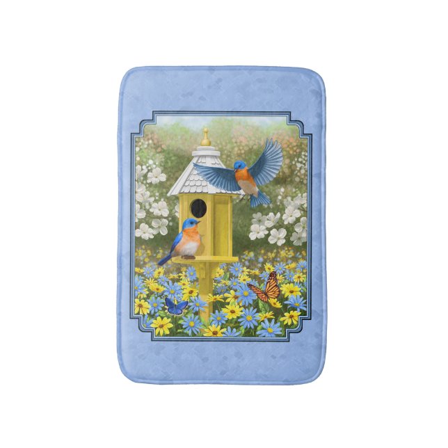 Bluebirds and Hexagon Birdhouse Blue Bathroom Mat (Front Vertical)